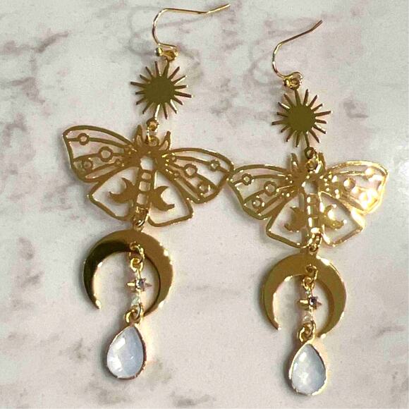 Free People Jewelry - New Crystal Butterfly Gold Quartz Dangle‎ Earrings Stone Boho Rave Faerie Opal